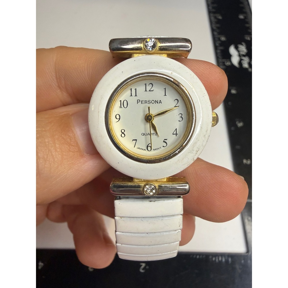 Persona Womens Quartz Watch White Expansion Band Round Dial Gold Tone Crystal